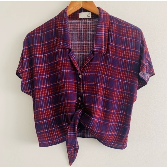 Wilfred FREE Aritzia Tie-Front Blouse Loose Soft Textured Cropped Plaid - Picture 1 of 12